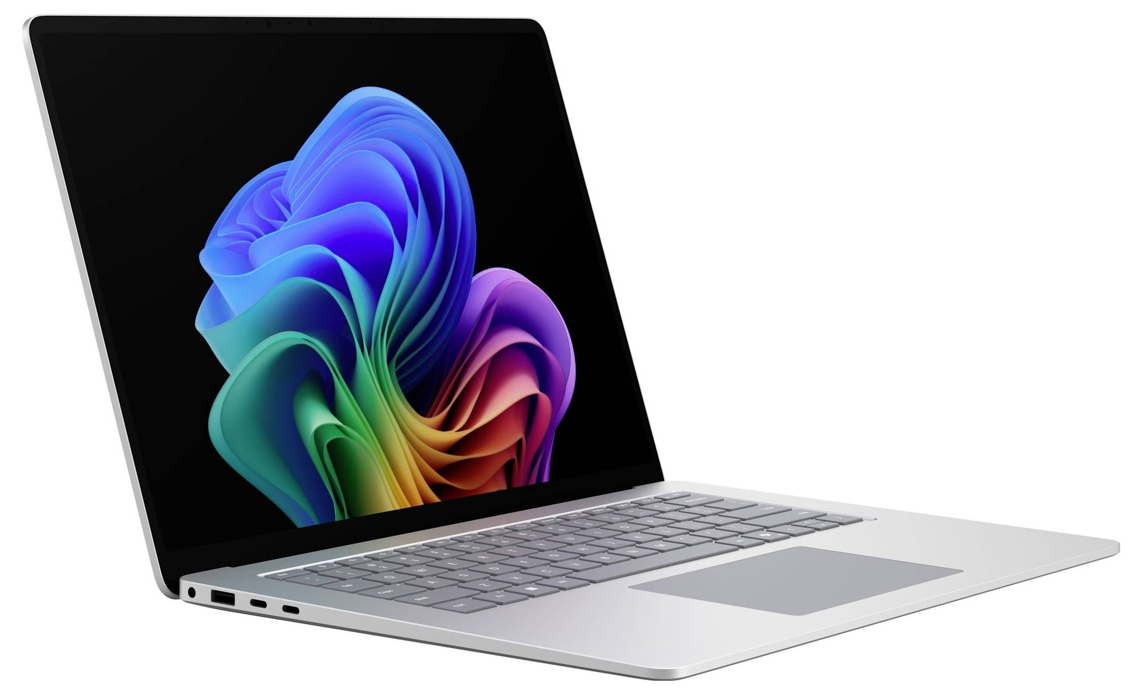 Silberner Laptop mit farbenfrohem abstraktem Blumenhintergrund auf dem Bildschirm, geöffnet im Winkel auf weißem Hintergrund dargestellt.