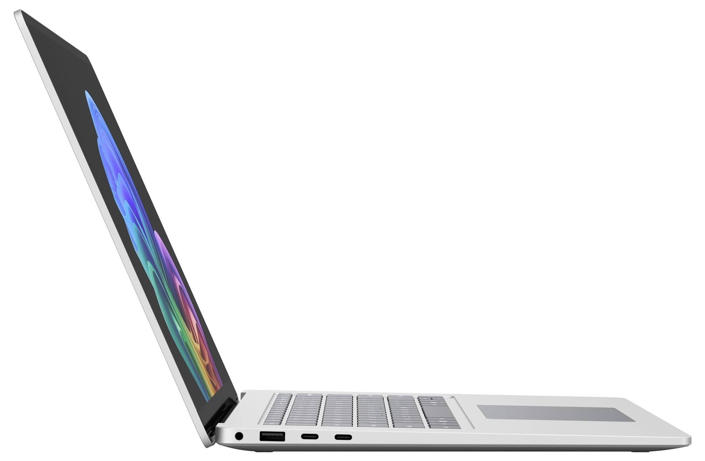 Seitenansicht eines silbernen Laptops mit geöffnetem Bildschirm, der eine farbenfrohe abstrakte Anzeige auf weißem Hintergrund zeigt.