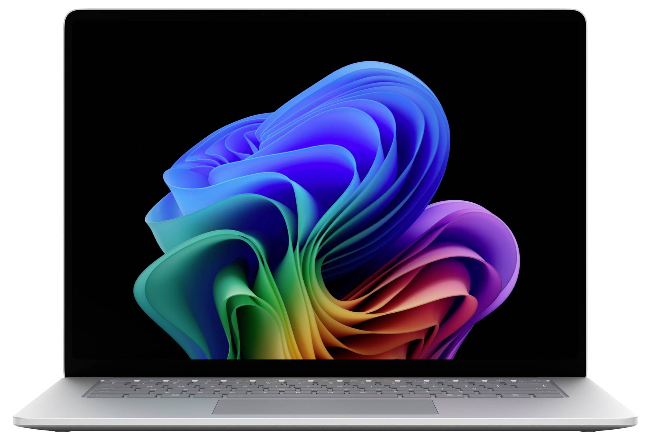 Silberner Laptop mit einem bunten abstrakten blumenähnlichen Hintergrundbild auf dem Bildschirm vor schwarzem Hintergrund.