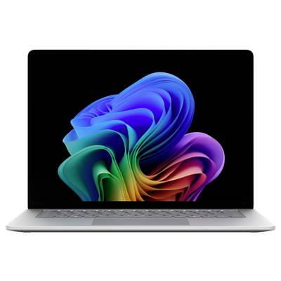 Silberner Laptop mit einem bunten abstrakten blumenähnlichen Hintergrundbild auf dem Bildschirm vor schwarzem Hintergrund.
