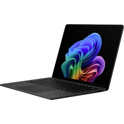 Offener schwarzer Laptop mit farbenfrohem abstraktem Windows-artigen Wirbel-Hintergrund auf weißem Untergrund.