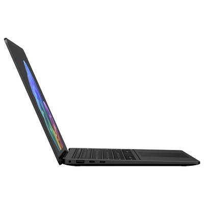 Seitenansicht eines dünnen schwarzen Laptops, der in einem steilen Winkel geöffnet ist und die Tastatur sowie eine farbenfrohe abstrakte Bildschirmanzeige zeigt.