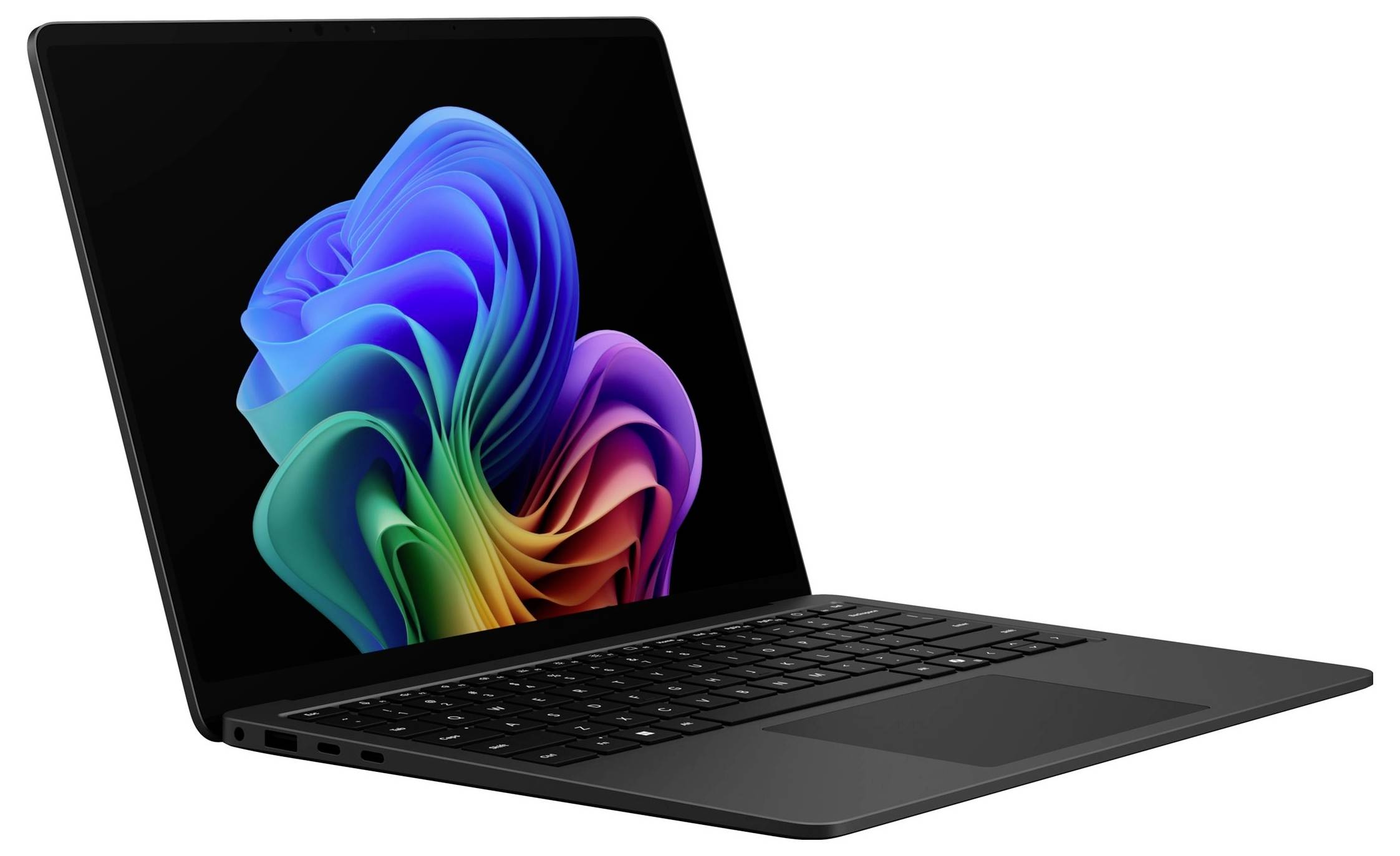 Schwarzer Laptop, der in einem Winkel geöffnet angezeigt wird, mit einem farbenfrohen abstrakten Hintergrundbild auf dem Bildschirm.