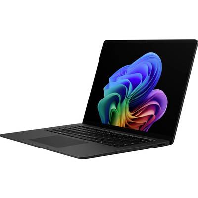 Offener Laptop-Computer mit buntem abstraktem Blumenmuster als Hintergrund auf dem Bildschirm, in Schrägansicht auf weißem Hintergrund.
