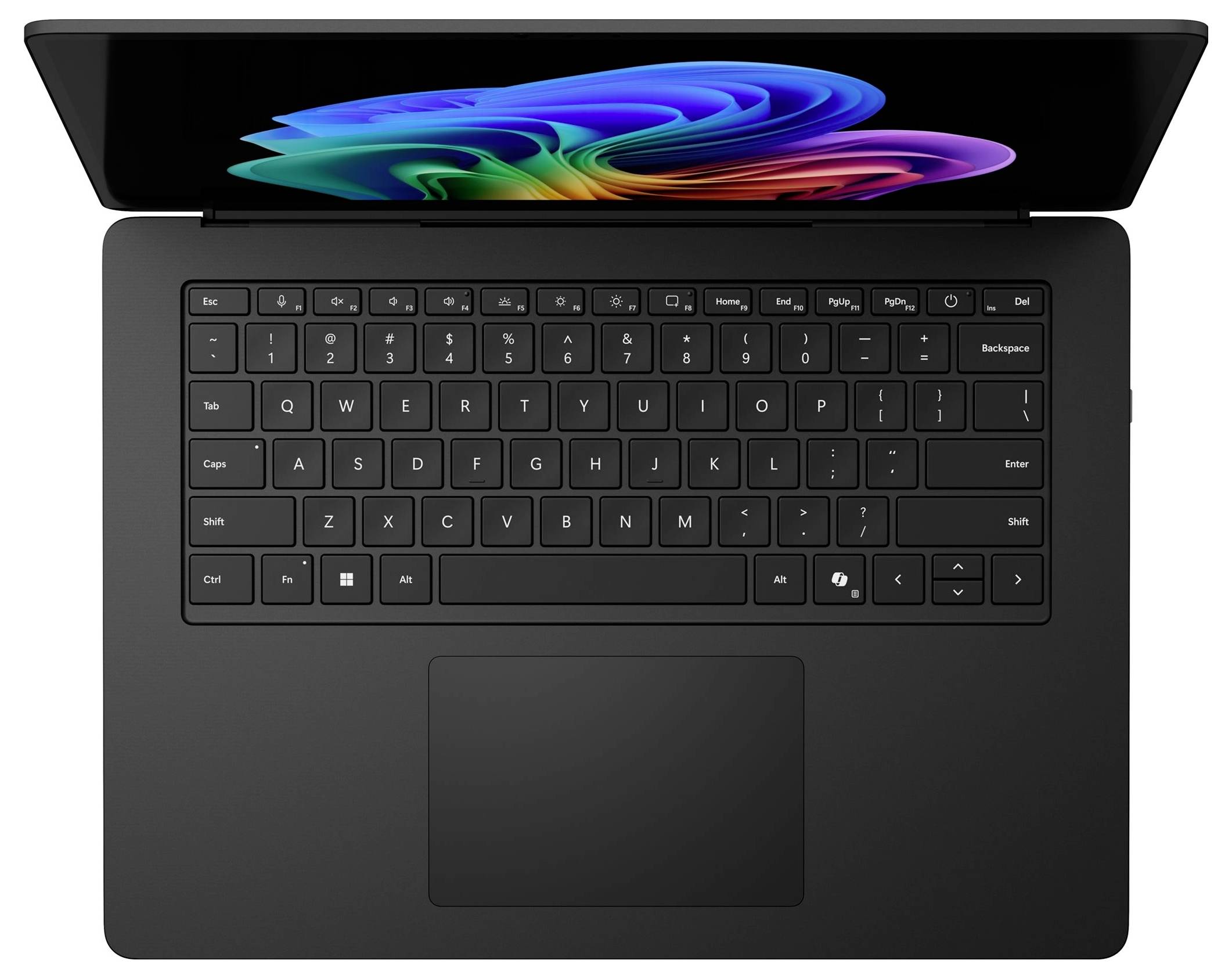 Offener Laptop von oben betrachtet mit farbenfrohem, abstraktem Display und schwarzer Tastatur, mit sichtbarem Touchpad und Funktionstasten.