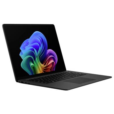 Schwarzer Laptop in einem Winkel geöffnet, zeigt einen bunten abstrakten Wirbel auf dem Bildschirm.