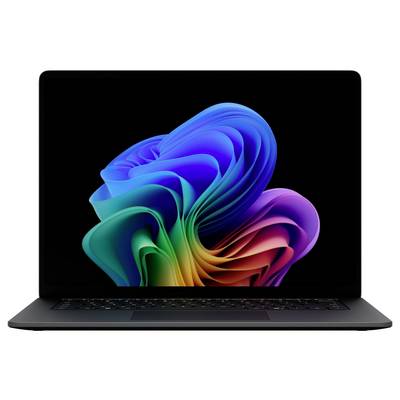 Ein Laptop mit schwarzem Bildschirm, der ein buntes abstraktes Wirbel-Hintergrundbild auf dunklem Hintergrund anzeigt.