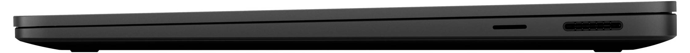 Seitenansicht eines geschlossenen, dünnen schwarzen Laptops, der die Vorderkante mit Anschlüssen und Belüftungsöffnungen zeigt.