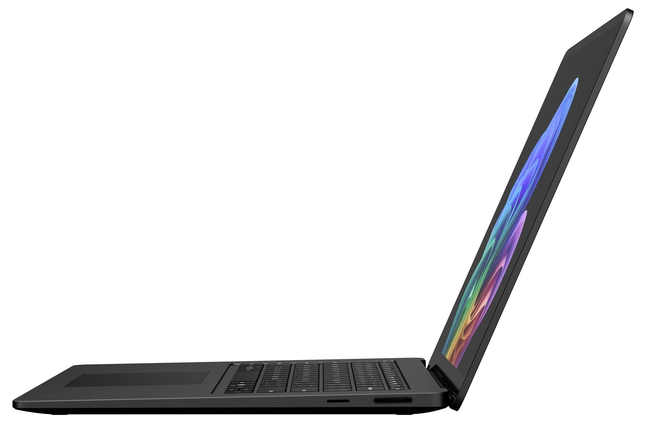 Schwarzer Laptop in Seitenansicht, in einem Winkel geöffnet mit farbenfroher Bildschirmanzeige auf weißem Hintergrund.