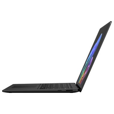 Schwarzer Laptop in Seitenansicht, in einem Winkel geöffnet mit farbenfroher Bildschirmanzeige auf weißem Hintergrund.