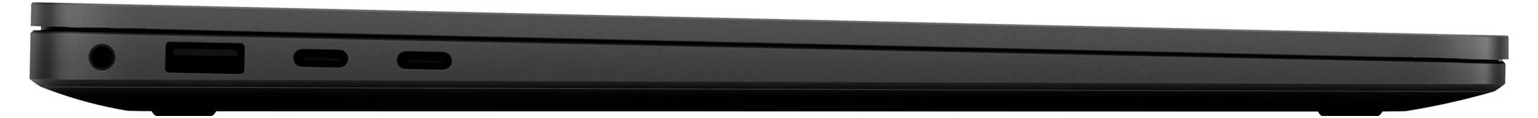 Seitenansicht eines schlanken geschlossenen schwarzen Laptops, die das dünne Profil und die Anschlüsse an der Kante zeigt.
