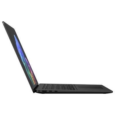 Dünner schwarzer Laptop, der in der Seitenansicht offen gezeigt wird und einen farbenfrohen Bildschirm auf weißem Hintergrund anzeigt.