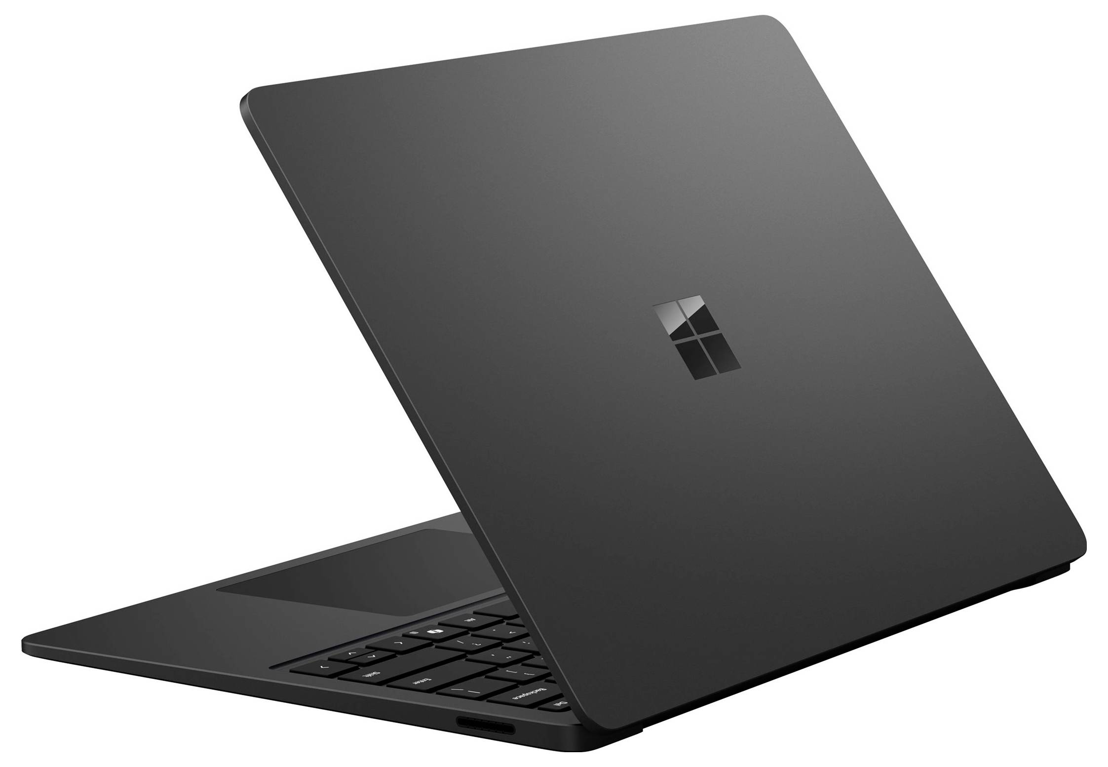 Geschlossener schwarzer Laptop mit Windows-Logo, in einem Winkel auf weißem Hintergrund dargestellt.