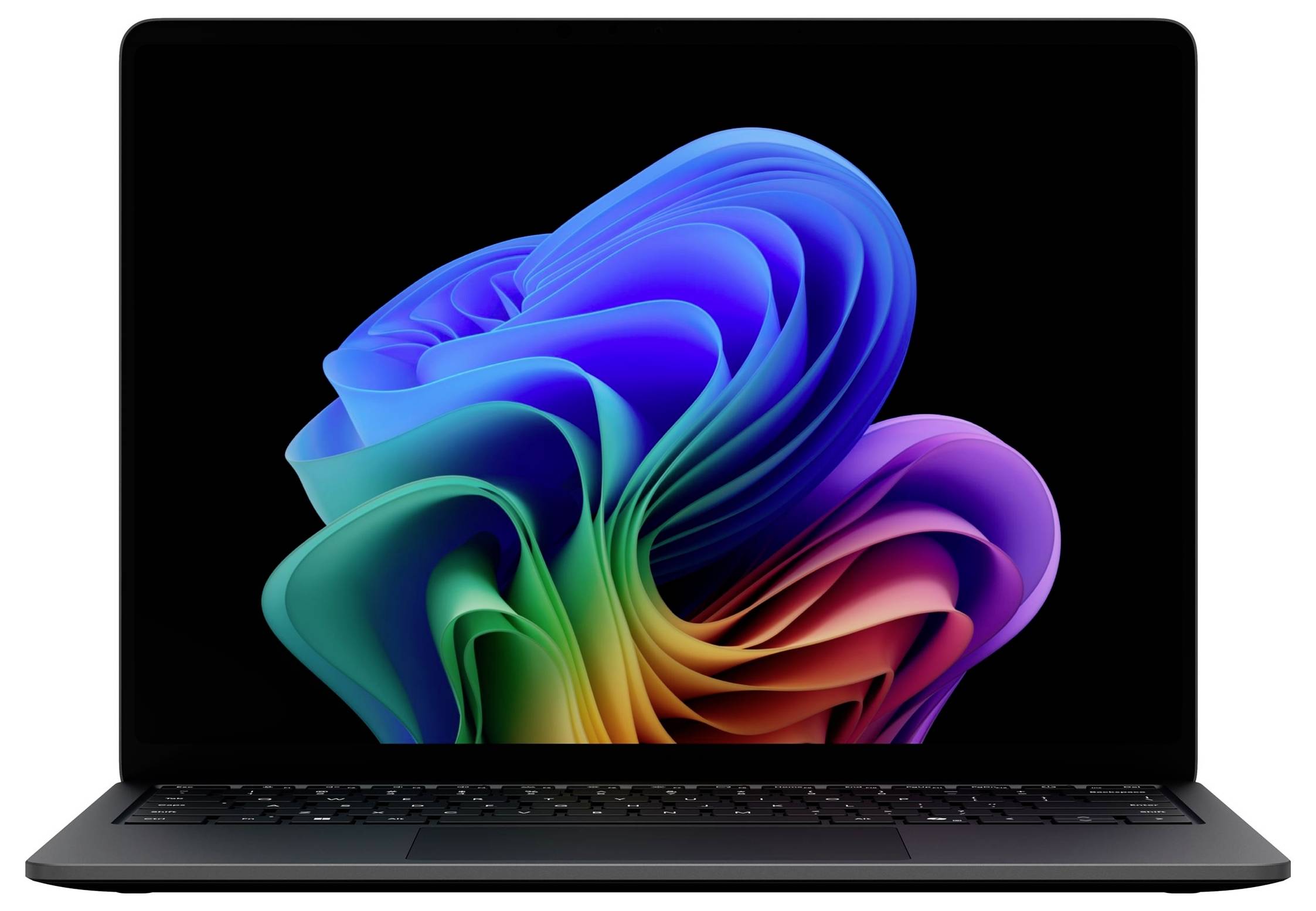 Ein Laptop mit schwarzem Bildschirm, auf dem ein farbenfroher abstrakter Wirbel auf schwarzem Hintergrund angezeigt wird.