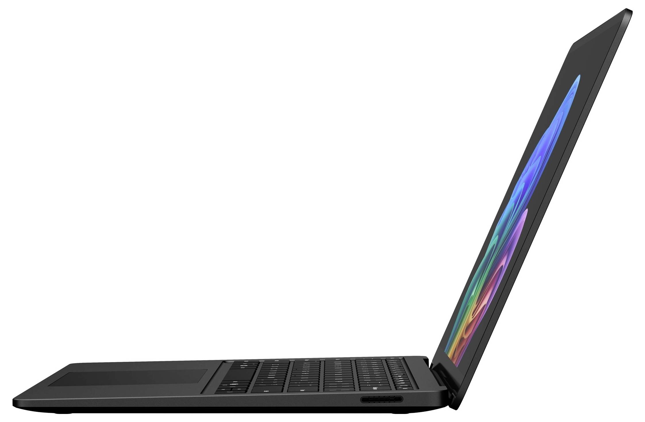 Seitenansicht eines offenen schwarzen Laptops mit farbigem Bildschirm, der ein dünnes Profil und eine Tastatur auf einem einfachen weißen Hintergrund zeigt.