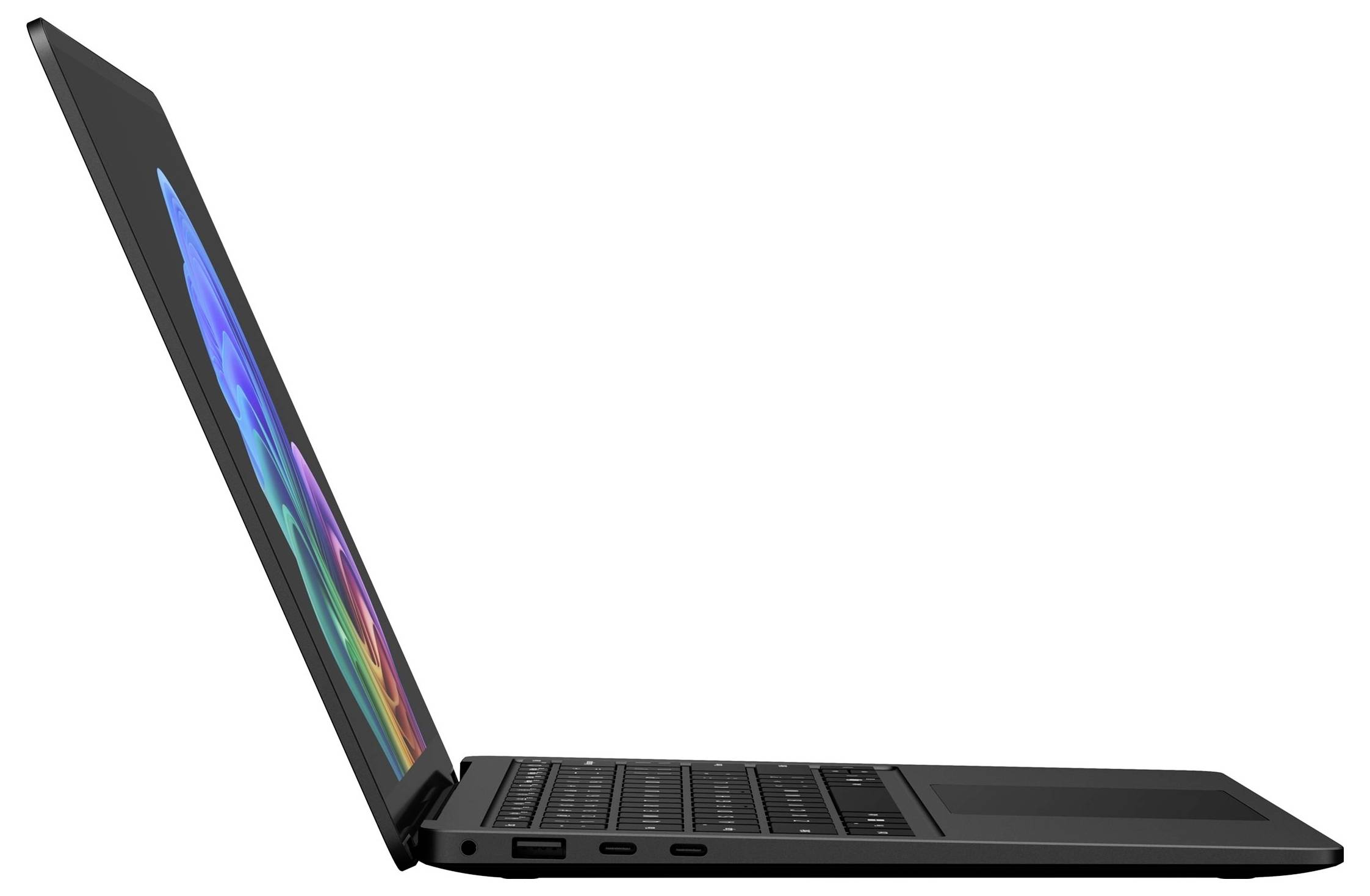 Seitenansicht eines dünnen schwarzen Laptops, der teilweise geöffnet ist, mit sichtbarer Tastatur, Anschlüssen und einem farbenfrohen Bildschirm auf weißem Hintergrund.