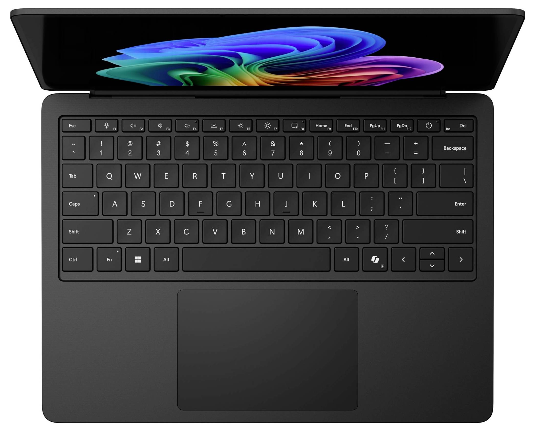 Draufsicht auf einen geöffneten schwarzen Laptop mit einem farbenfrohen abstrakten Bildschirm, die Tastatur und das große Trackpad zeigend.