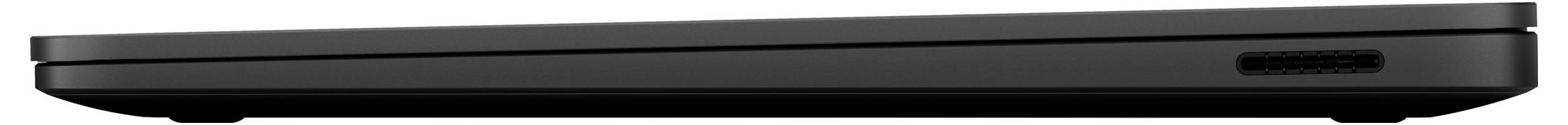 Seitenansicht eines dünnen geschlossenen schwarzen Laptops oder Tablets mit einer langen oberen Kante und einer kleinen zentrierten Anschlussöffnung.