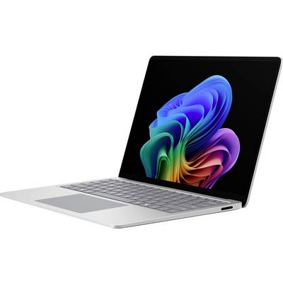 Silberner Laptop mit schwarzem Bildschirm, auf dem ein buntes abstraktes Wirbel-Hintergrundbild angezeigt wird, schräg geöffnet auf weißem Hintergrund dargestellt.