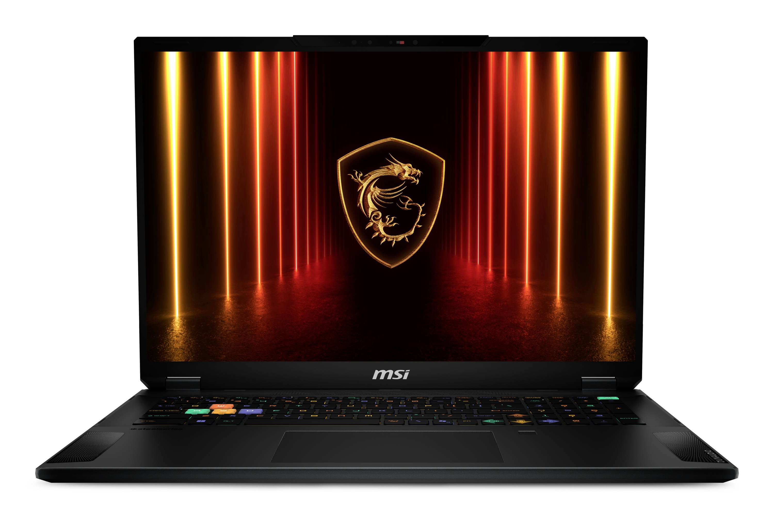 Vorderansicht eines MSI-Gaming-Laptops mit beleuchterter Tastatur und einem Bildschirm, der ein leuchtendes Drachenschild-Logo gegen rotorange Lichtbalken zeigt.