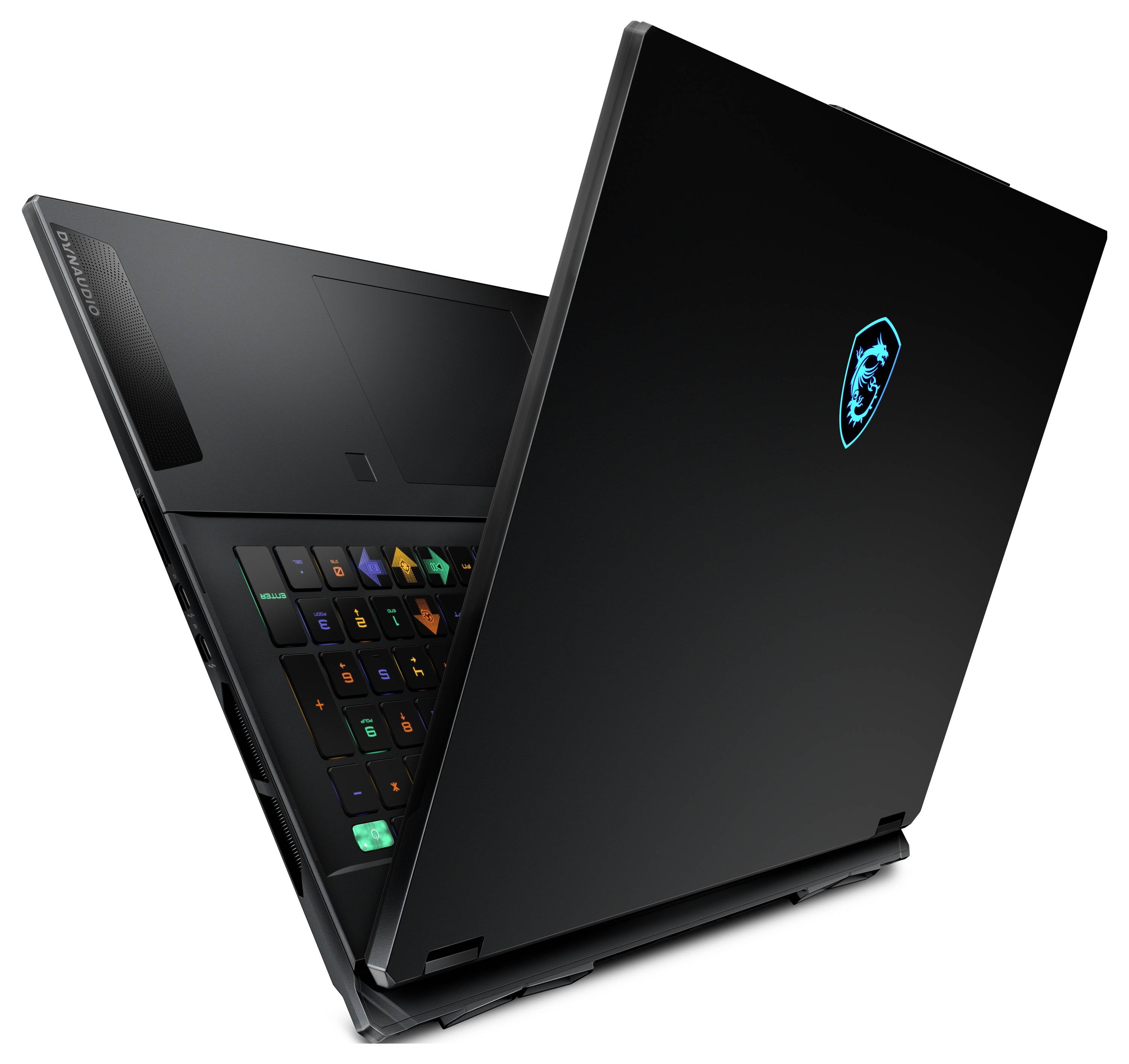 Teilweise geöffneter schwarzer MSI-Laptop mit leuchtendem Drachen-Logo auf dem Deckel und sichtbarer RGB-beleuchteter Tastatur im Inneren.