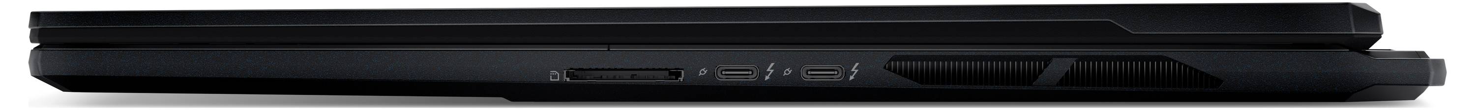Seitenansicht eines dünnen geschlossenen schwarzen Laptops, die ein flaches Design mit dunklem Bildschirm und Tastatur-Basis zeigt.