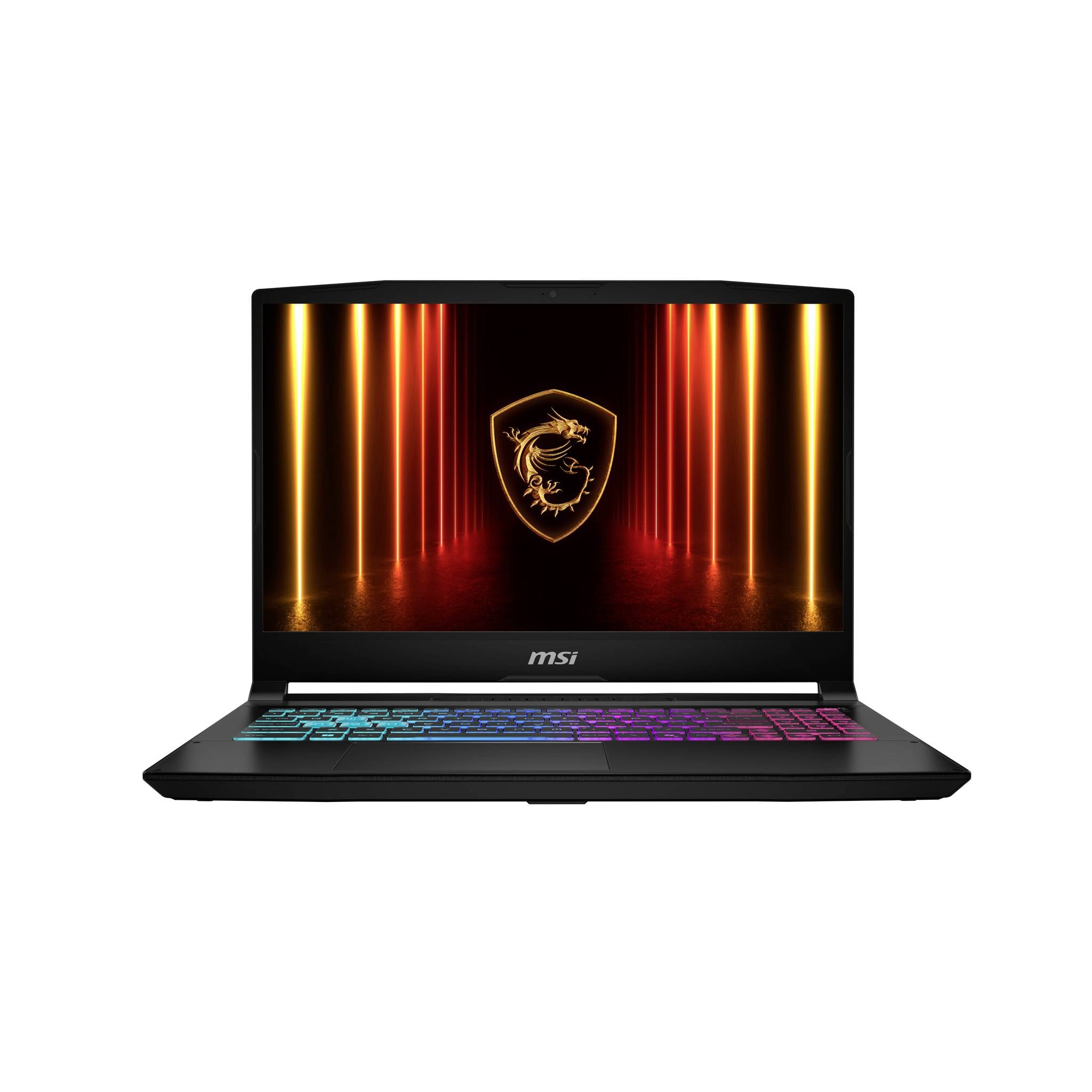 Schwarzer MSI-Laptop mit leuchtendem Drachensymbol auf dem Bildschirm und RGB-beleuchteter Tastatur.