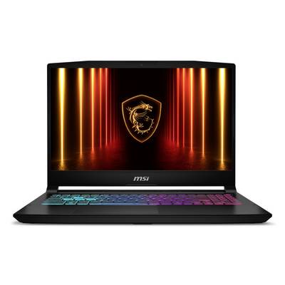 MSI Gaming-Laptop mit RGB-hinterleuchter Tastatur und einem Bildschirm, der ein leuchtendes Drachen-Schild-Logo auf einem rot-orangefarbenen Lichttunnel-Hintergrund anzeigt.