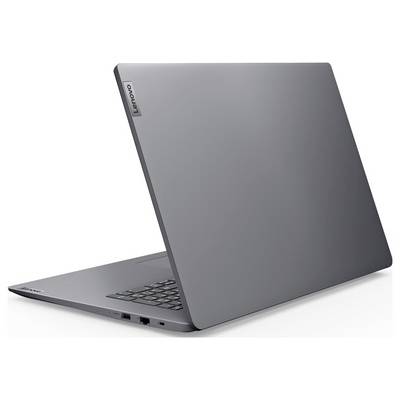 Geschlossener grauer Lenovo-Laptop, von hinten-links fotografiert auf weißem Hintergrund, mit teilweise sichtbarer Tastatur.