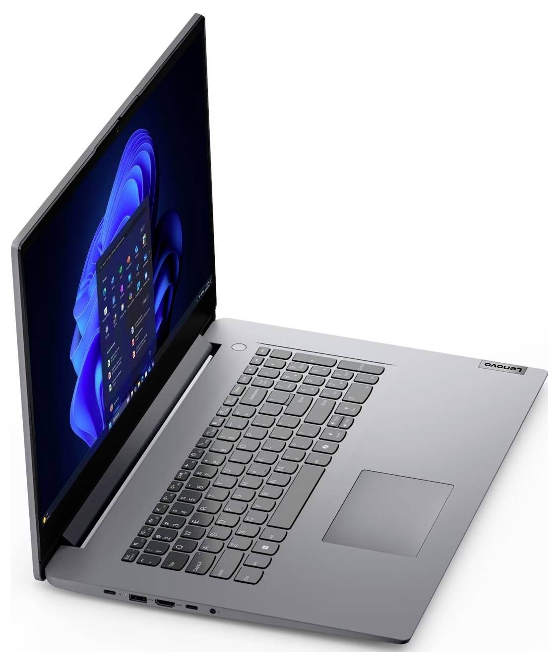 Aufgeklappter Lenovo-Laptop in Schrägansicht mit Windows 11 auf dem Bildschirm sowie grauer Tastatur und Touchpad.