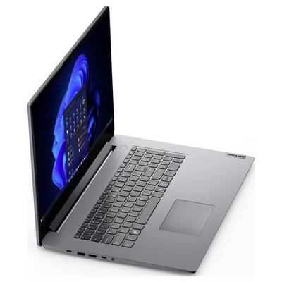 Aufgeklappter Lenovo-Laptop in Schrägansicht mit Windows 11 auf dem Bildschirm sowie grauer Tastatur und Touchpad.