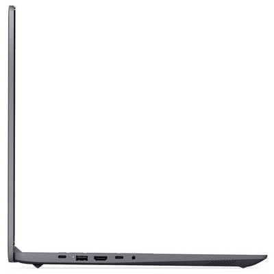 Seitenansicht eines schlanken schwarzen Laptops, geschlossen dargestellt und leicht geöffnet mit sichtbaren Anschlüssen entlang der linken Kante und der Unterseite.