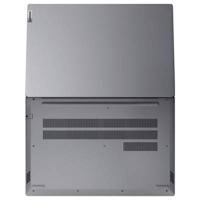 Unteransicht eines geschlossenen grauen Lenovo-Laptops mit Lüftungsgittern und dem Lenovo-Logo in der Nähe des Scharniers.