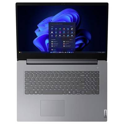Draufsicht auf einen Lenovo-Laptop mit dem Windows-11-Desktop und dem geöffneten Startmenü auf dem Bildschirm, mit sichtbarer Tastatur und großem Touchpad.