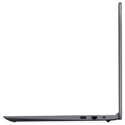 Seitenansicht eines dünnen schwarzen Laptops, geschlossen auf weißem Hintergrund mit sichtbaren Anschlüssen entlang der rechten Kante.