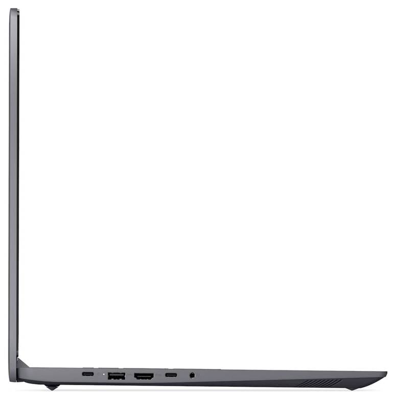 Seitenansicht eines schlanken grauen Laptops, geschlossen, mit Anschlüssen entlang der linken Kante und einer verjüngten Basis.