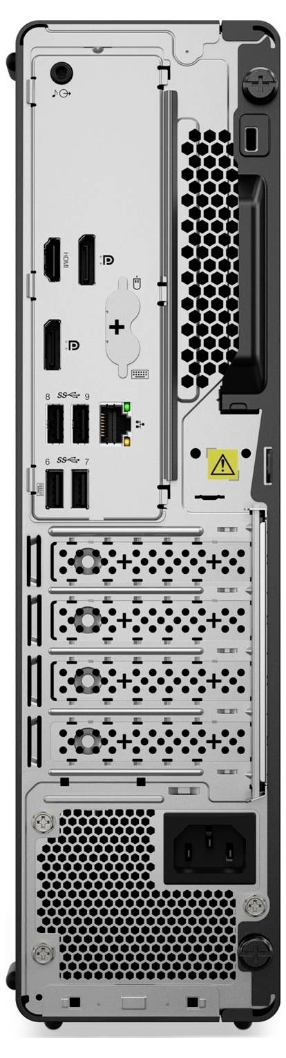 Rückansicht eines Desktop-Tower-Computers mit der Rückwand, auf der Anschlüsse, Erweiterungssteckplätze, Lüftungsgitter, Stromversorgung und ein Warnschild zu sehen sind.