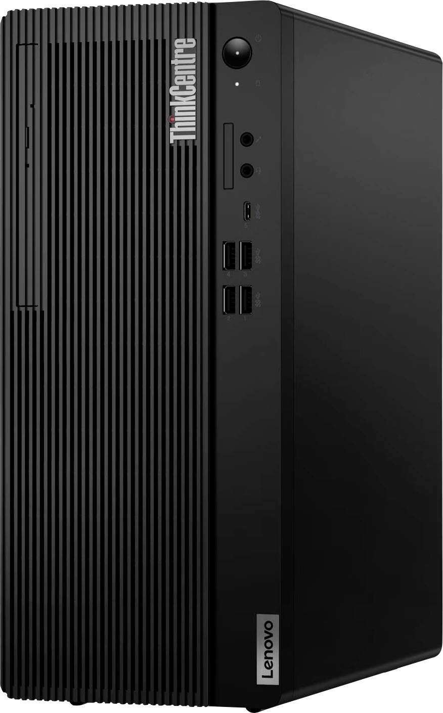 Schwarzer Lenovo ThinkCentre Desktop-Turm-Computer in einer Vorderansicht von rechts.
