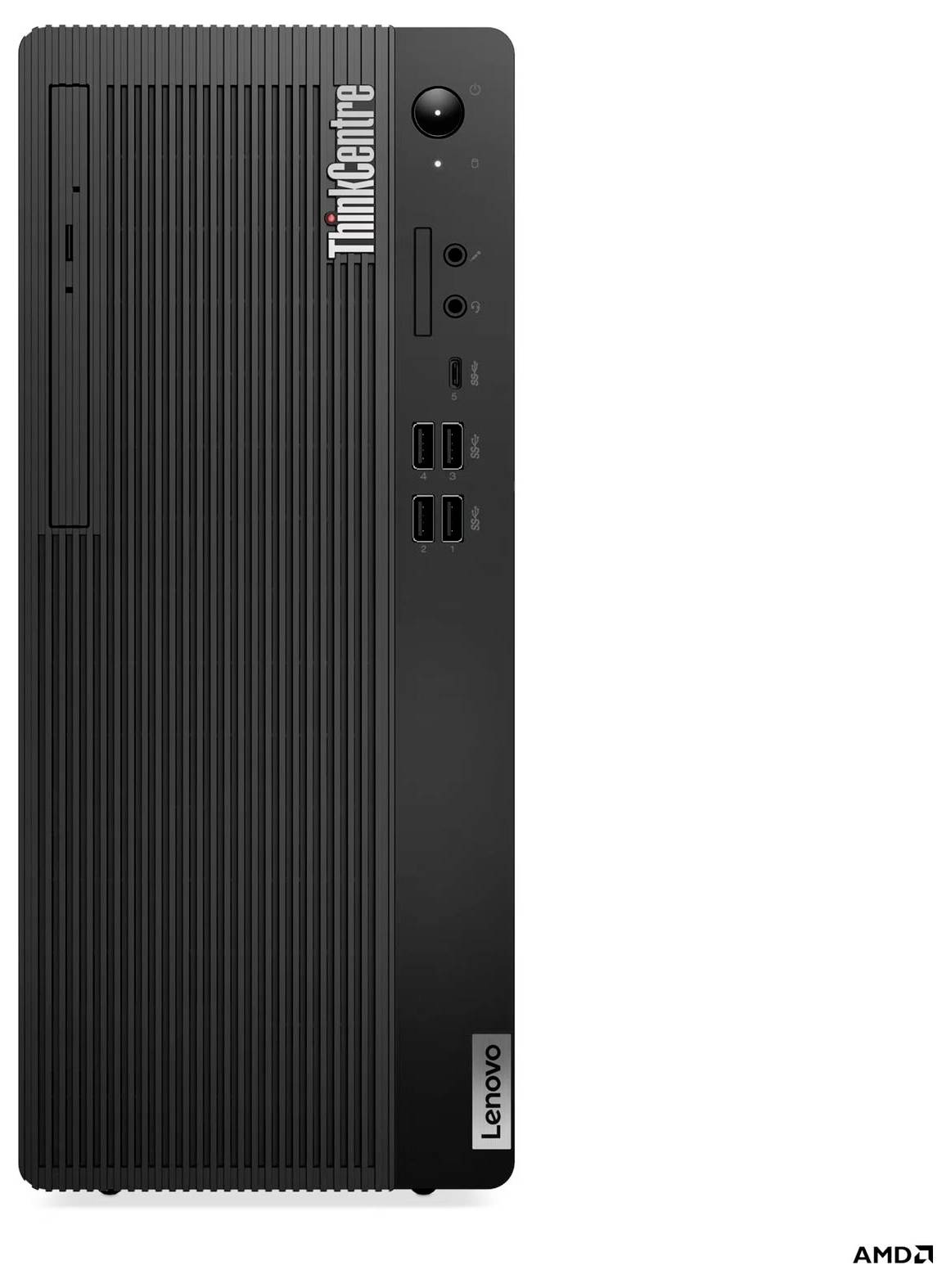 Frontansicht eines Lenovo ThinkCentre-Desktop-Towers mit vertikalem ThinkCentre-Logo, Stromschalter und vorderen USB- und Audio-Anschlüssen.