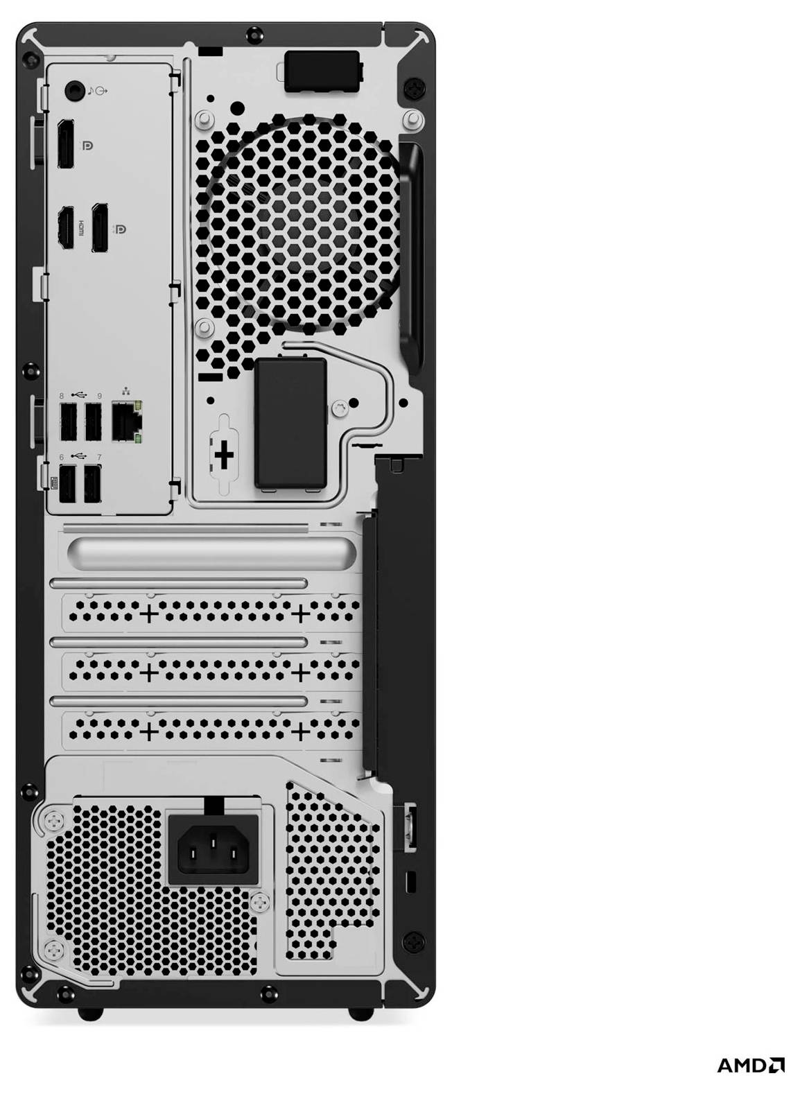 Rückansicht eines Desktop-PC-Gehäuses mit Anschlüssen der Motherboard-Ein-/Ausgänge, Erweiterungssteckplätzen, Belüftungsgittern und dem Stromversorgungsbereich mit AMD-Branding.