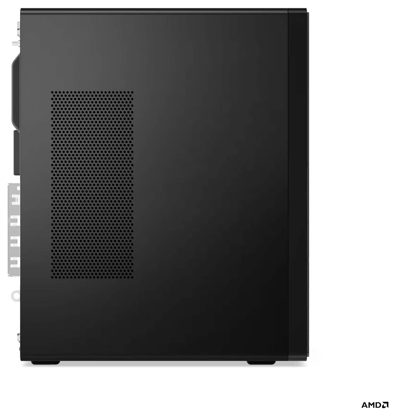 Schwarzes Desktop-Computergehäuse in Seitenansicht mit perforiertem Belüftungspanel und AMD-Logo in der Ecke.