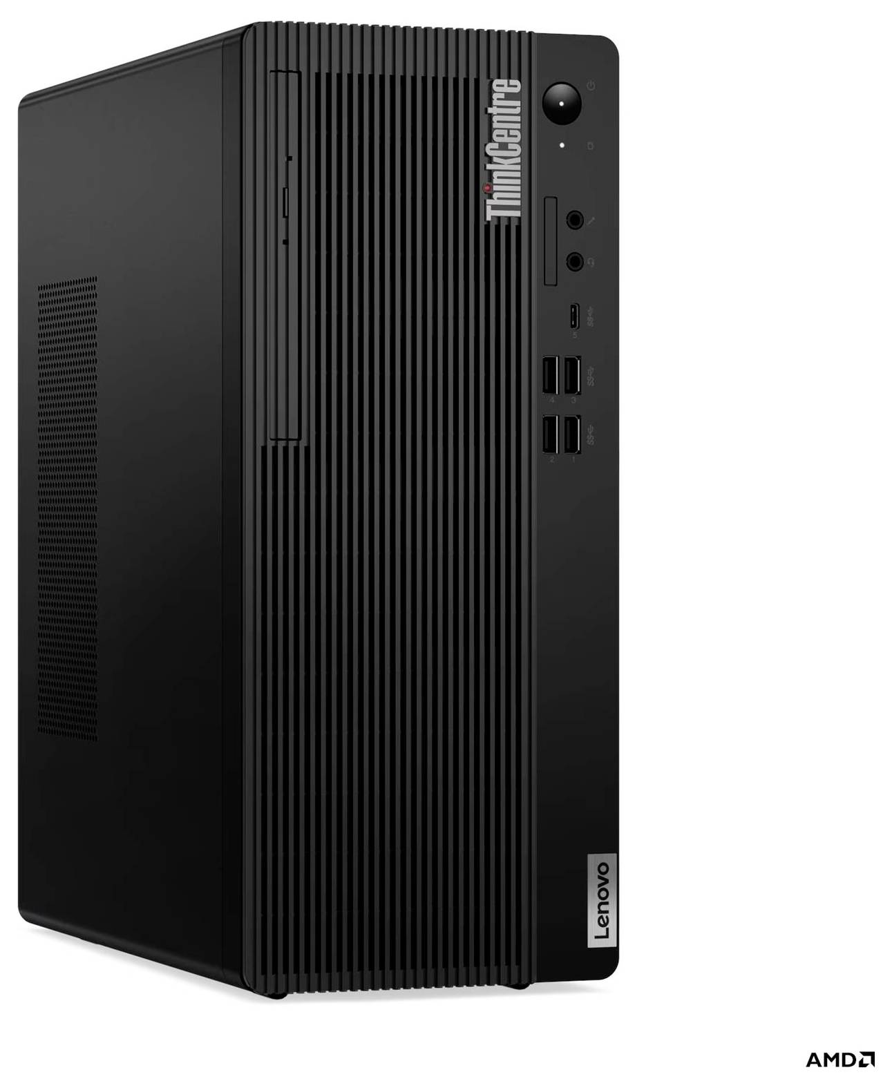 Schwarzer Lenovo ThinkCentre Desktop-Tower mit vertikalen vorderen Lüftungsöffnungen, vorderen Anschlüssen und AMD-Logo auf weißem Hintergrund.