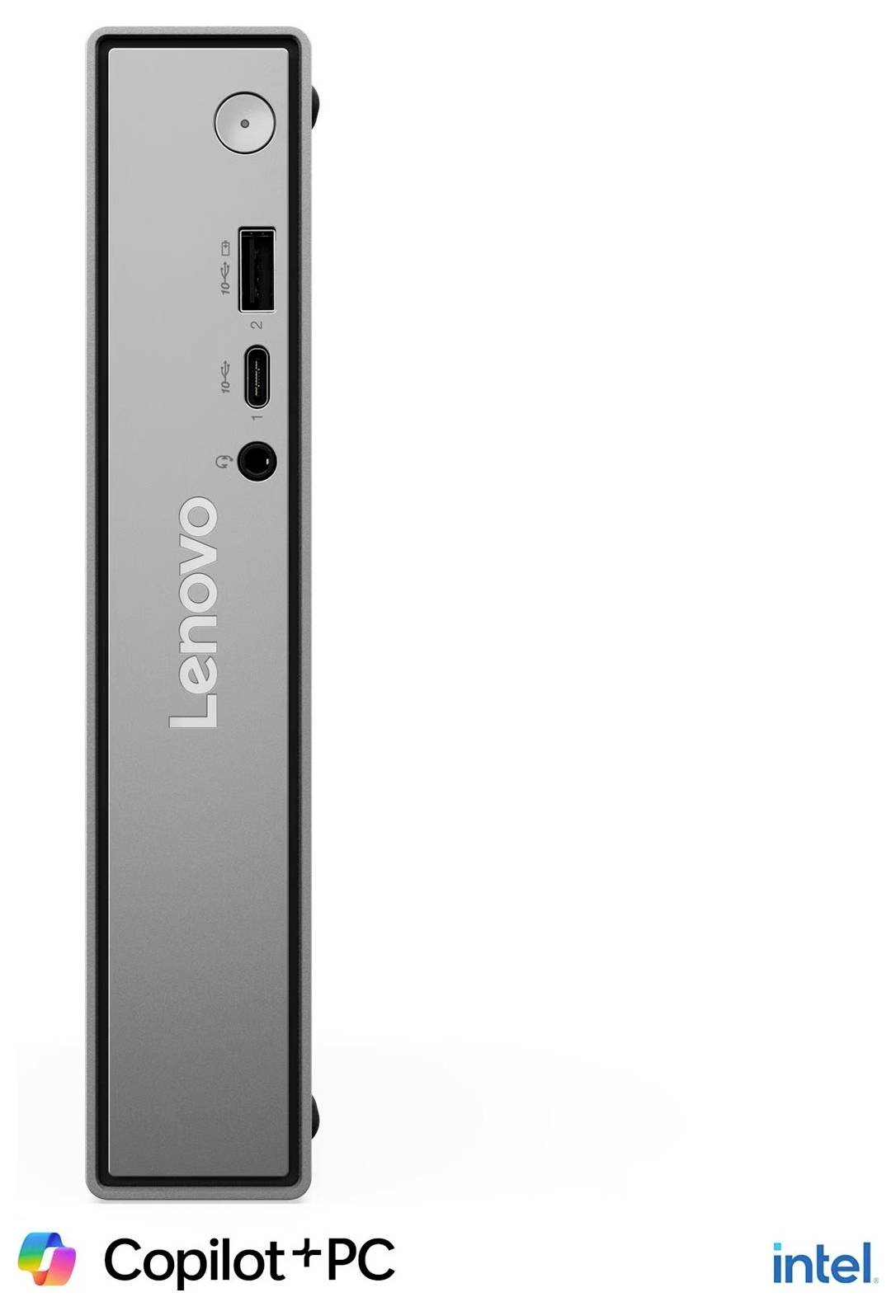 Vorderansicht eines Lenovo Copilot+ PC Mini-Desktop mit Netzschalter, USB-A, USB-C und Kopfhöreranschlüssen, mit Intel-Branding.