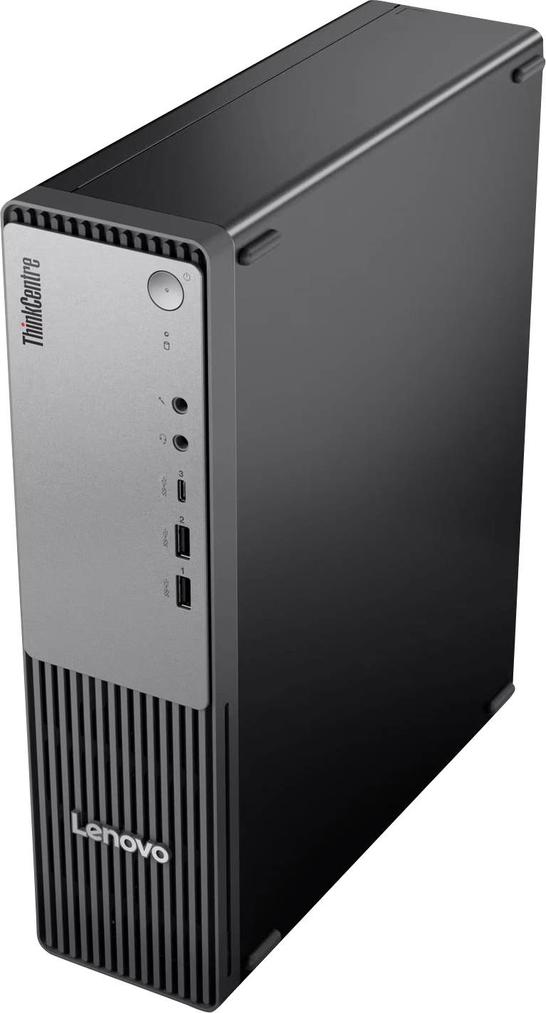 Schwarzer Lenovo ThinkCentre Desktop-Tower mit vorderer Netztaste, Audiobuchsen, USB-Anschlüssen und Lüftungsgitter.