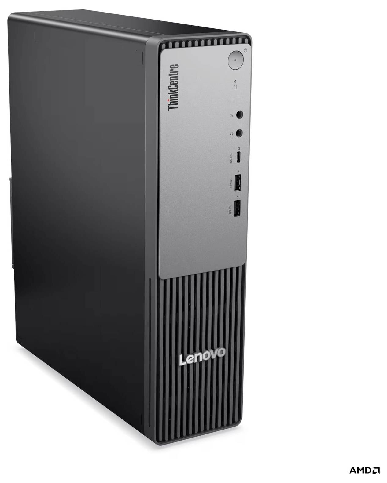 Lenovo ThinkCentre Desktop-Tower-Computer, Vorderansicht, schwarz-silbernes Gehäuse mit vorderen Anschlüssen und Netzschalter.