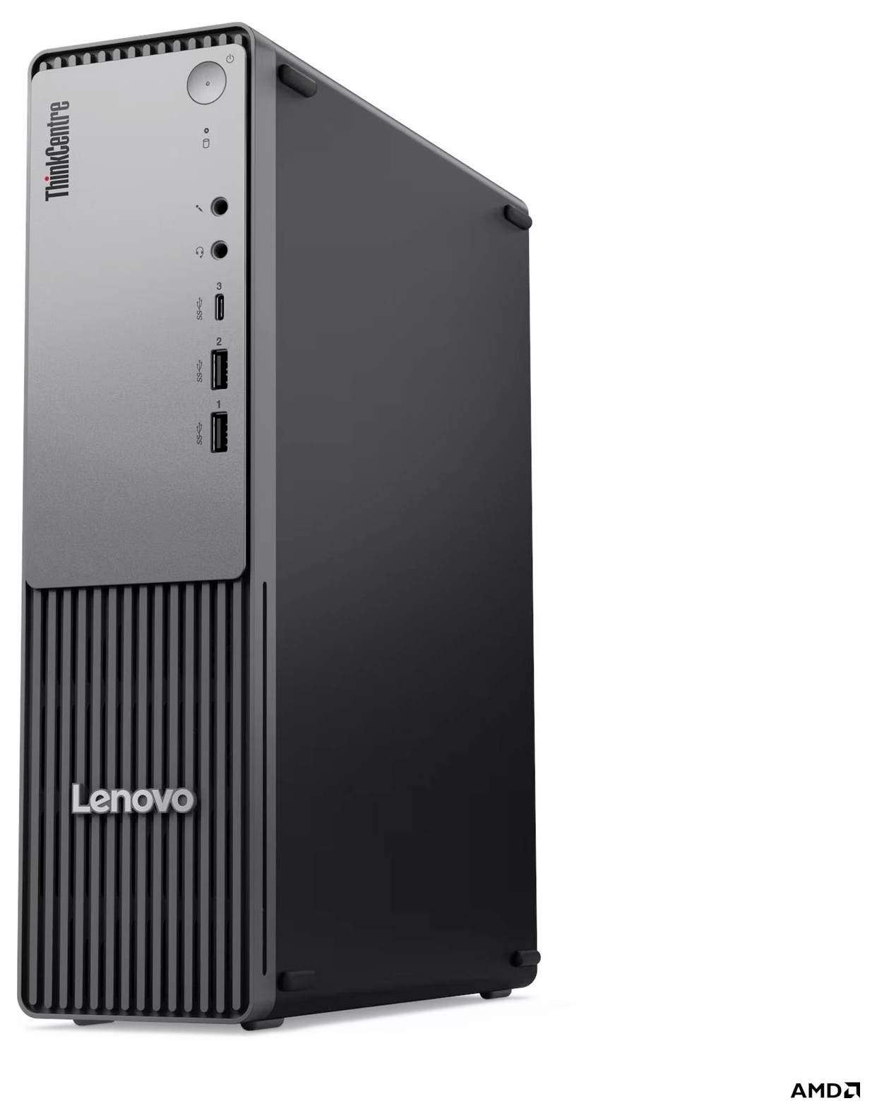 Lenovo ThinkCentre Desktop-Turmcomputer mit AMD-Branding, von vorne links auf weißem Hintergrund dargestellt.