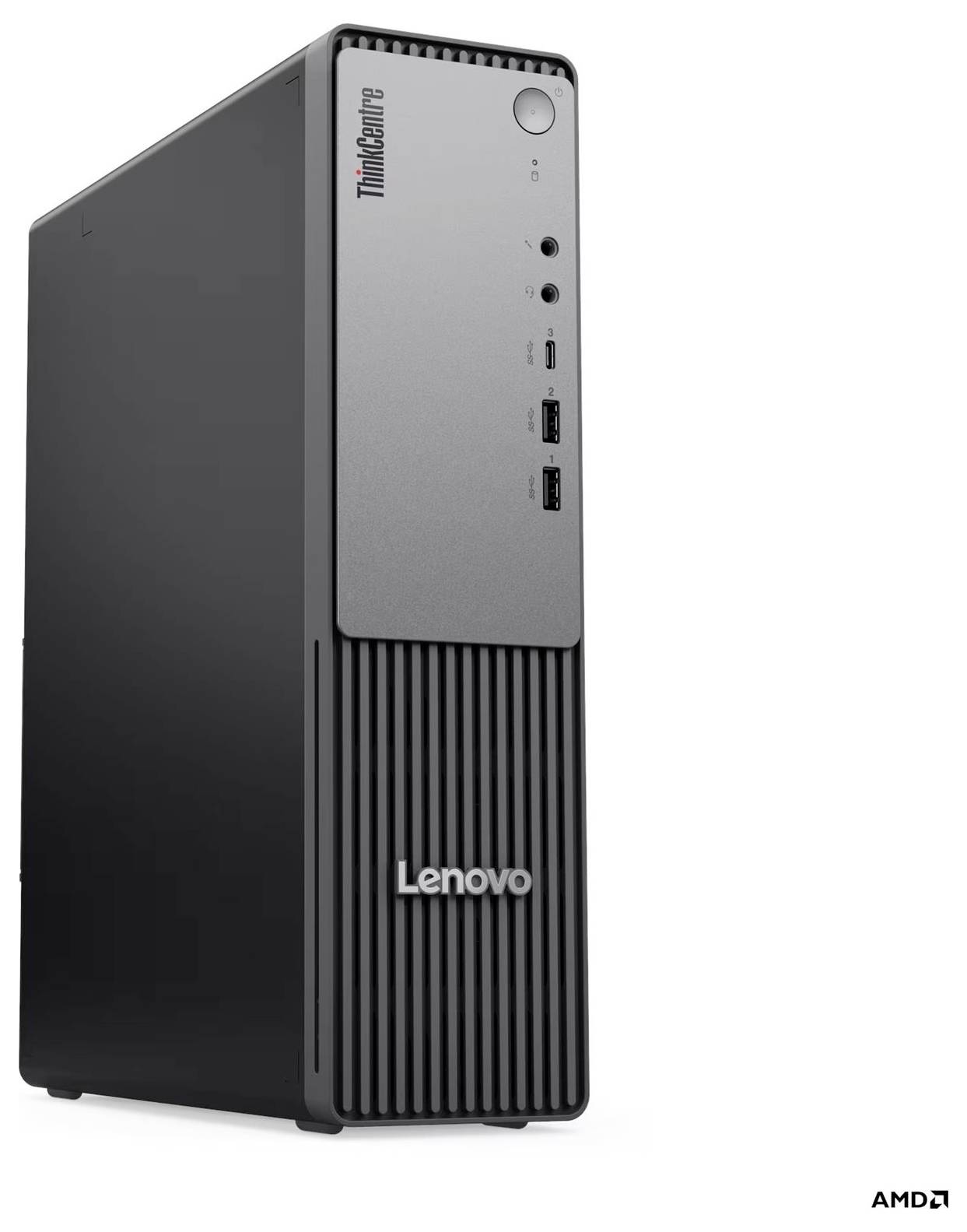 Schwarzer Lenovo ThinkCentre Desktop-Tower-Computer von vorne-links gezeigt, mit vorderer Stromschaltfläche, USB-Anschlüssen und AMD-Logo auf dem Gehäuse.