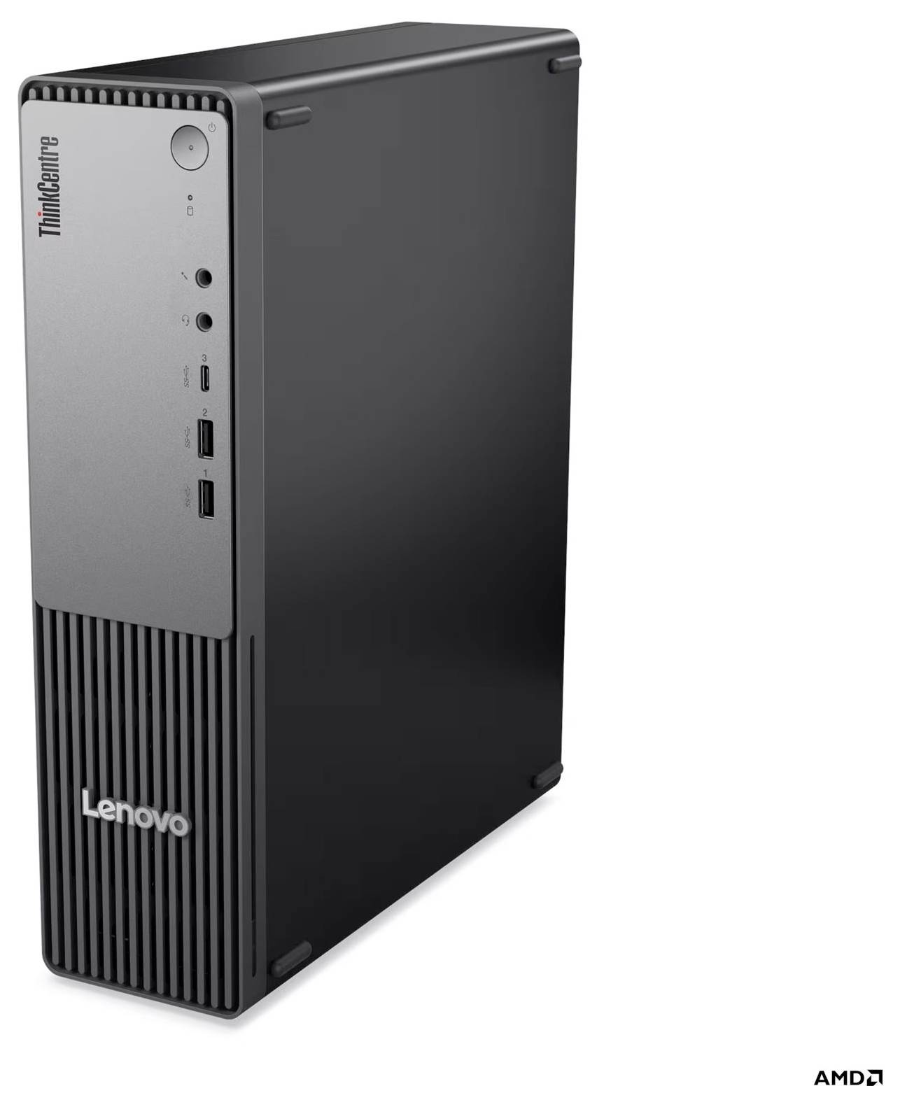 Lenovo ThinkCentre Desktop-Computerturm in Schwarz und Grau, Vorderansicht mit Stromschalter, Anschlüssen und AMD-Logo.