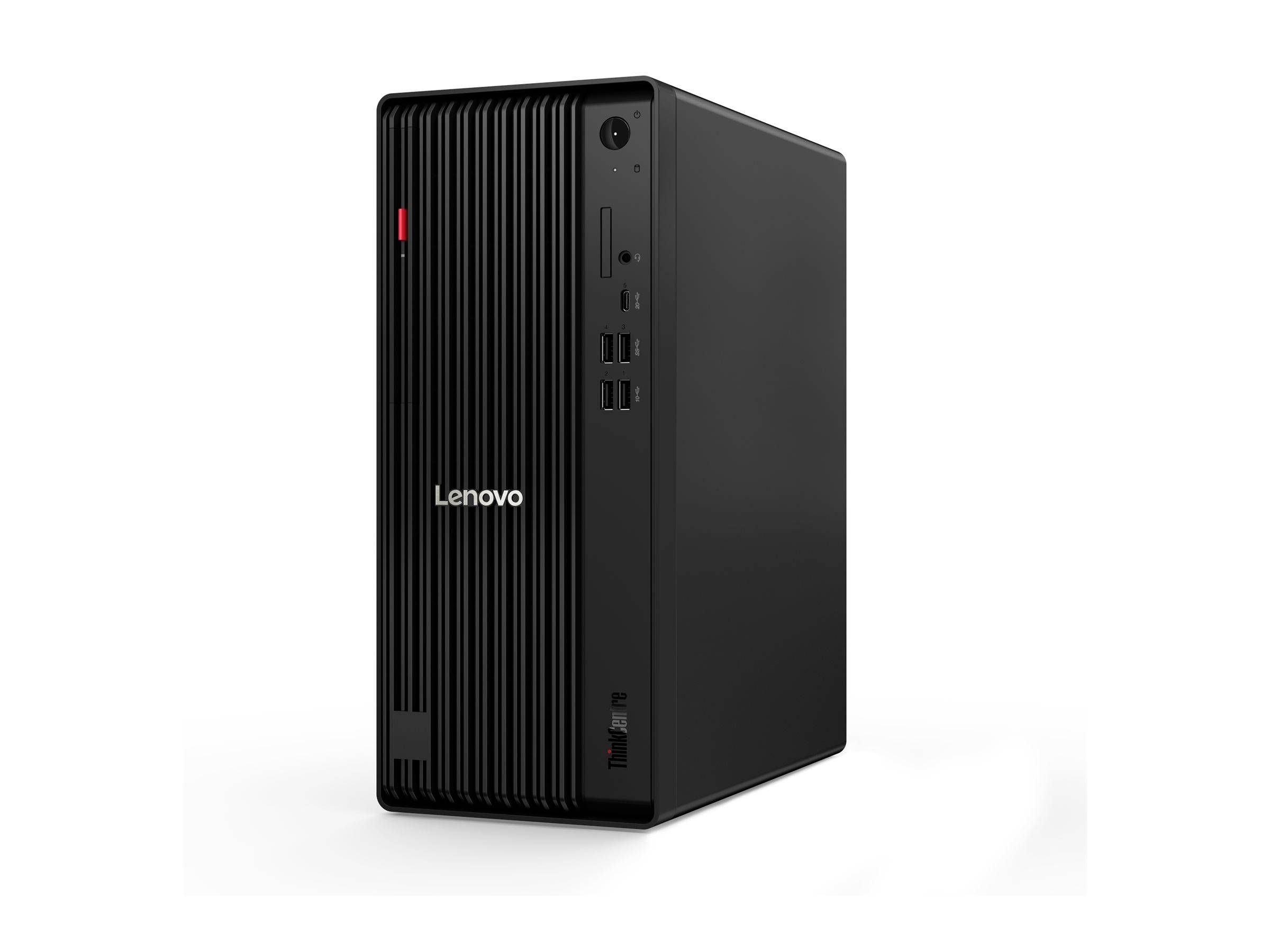 Schwarzer Lenovo-Desktop-Turm-Computer auf weißem Hintergrund, in einem Winkel positioniert, um die vorderen Anschlüsse und das Logo zu zeigen.