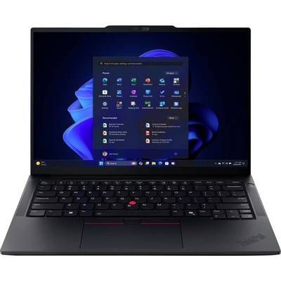 Ein Lenovo ThinkPad Laptop, der das Windows 11-Startmenü auf einem blauen abstrakten Hintergrund anzeigt.